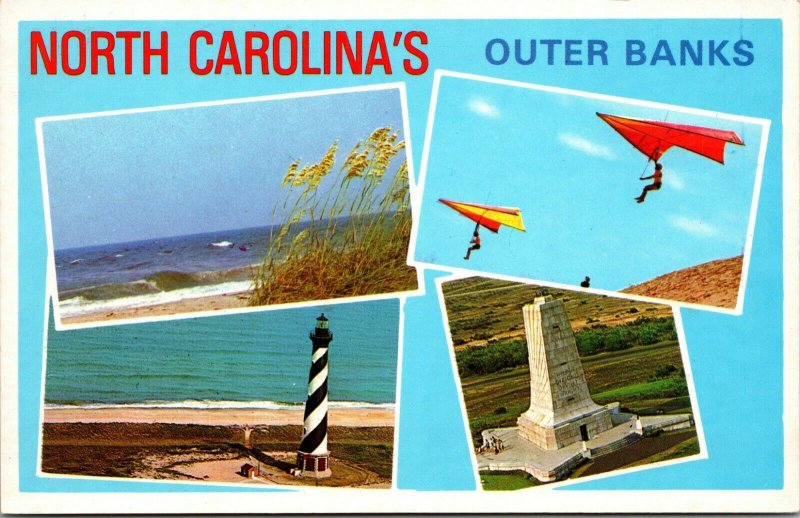 Outer Bank NC 4 VIEWS Kite Beach Lighthouse Bird View Plastichrome POSTCARD