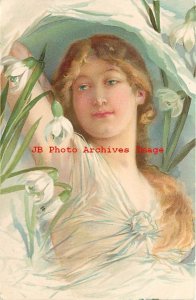 Unknown Artist, Unknown Pub, Art Nouveau, Woman with Green Hat in White Flowers