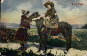 Two Pals - Pretty Cowgirls Horse Saddle Rope c1910 Postcard