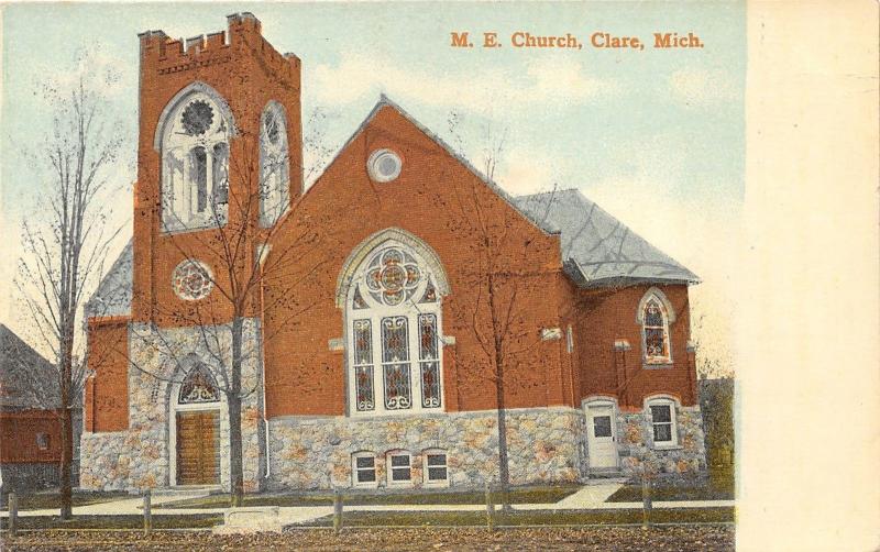 Clare Michigan~Methodist Episcopal Church~Large Tower & Stained Glass~c1910 PC