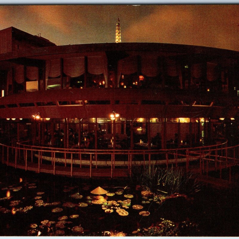 c1960s Waikiki, HI Night Scene Pagoda Hotel Floating Restaurant Chrome PC A332