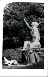 1950s Sacajawea Statue Sculpture and Woman in Swimsuit RPPC Real Photo Postcard