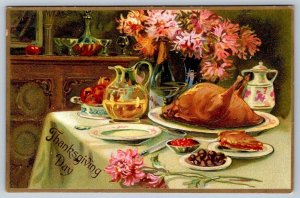 Thanksgiving Day, Cooked Turkey Table Setting, 1909 Tuck Postcard, R.J. Wealthy