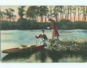 Pre-1907 foreign PRETTY GIRL ON SHORE WITH MAN IN BOAT J4621