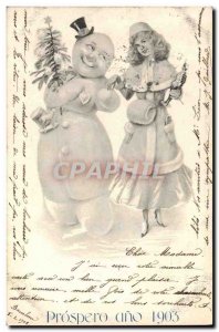 Old Postcard Snowman Woman