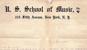 1912 U.S. SCHOOL OF MUSIC INC 225 FIFTH AVE NEW YORK NY LETTER BILLHEAD AD Z3563