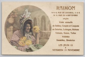 RPPC France Raimon Millenary Annual Sale Advert Woman Large Bonnet Postcard I29