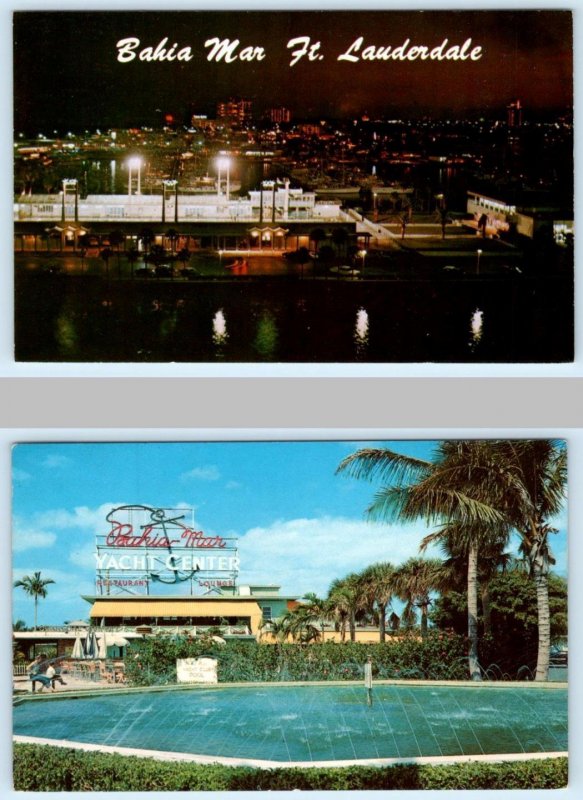 2 Postcards FORT LAUDERDALE, Florida FL ~ Day/Night BAHIA MAR Yacht Center 1960s