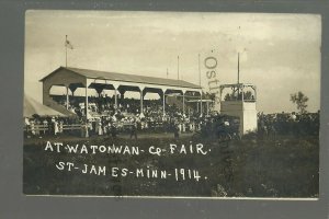 St. James MINNESOTA RPPC 1914 COUNTY FAIR Grandstand CROWD nr Madelia Windom