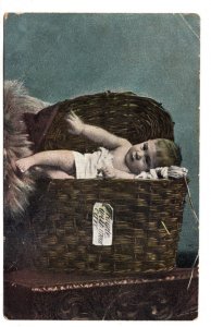 Birth Announcement Greeting Postcard, Fragile Handle with Care, Baby in a Basket