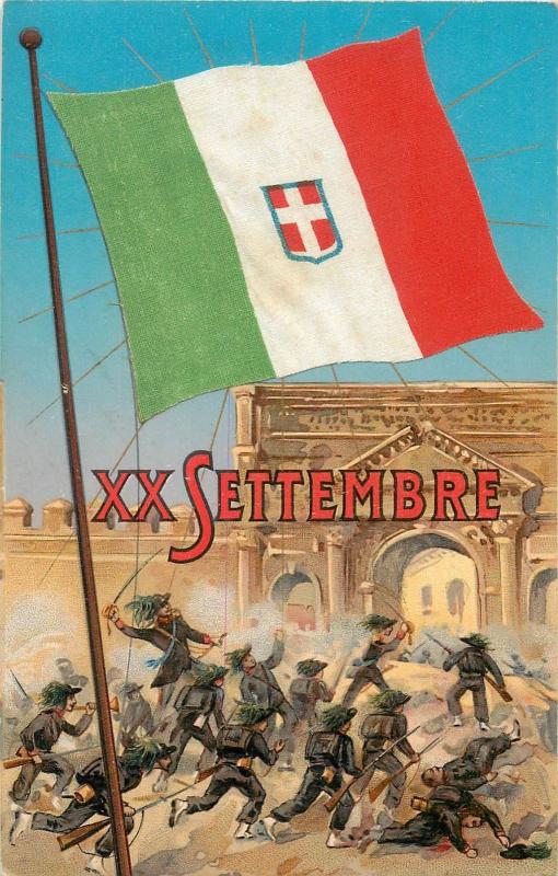 Italy XX Settembre Emboss Material Flag mechanical postcard Bersaglieri Soldiers