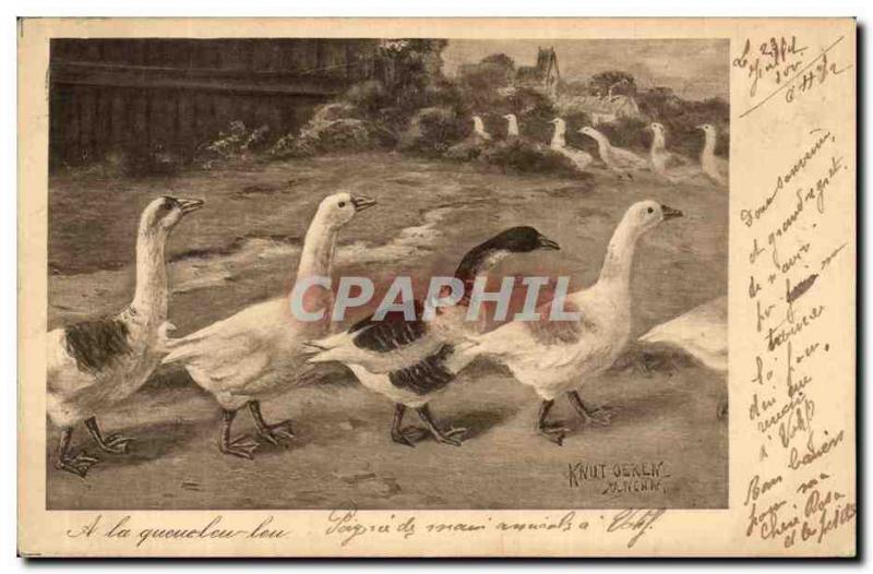 Old Postcard A single file Geese tail