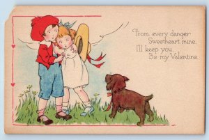 Valentine Postcard Children Sweetheart Dog Barking Hearts c1910's Antique