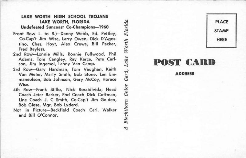 Lake Worth FL High School Trojans Football 1960 Postcard