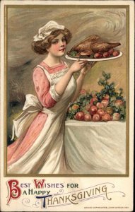 Thanksgiving Beautiful Woman Serving Turkey Platter Winsch Schmucker Postcard