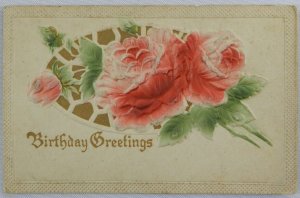 Birthday Greetings Gold Background with Pink Roses - Vintage Postcard