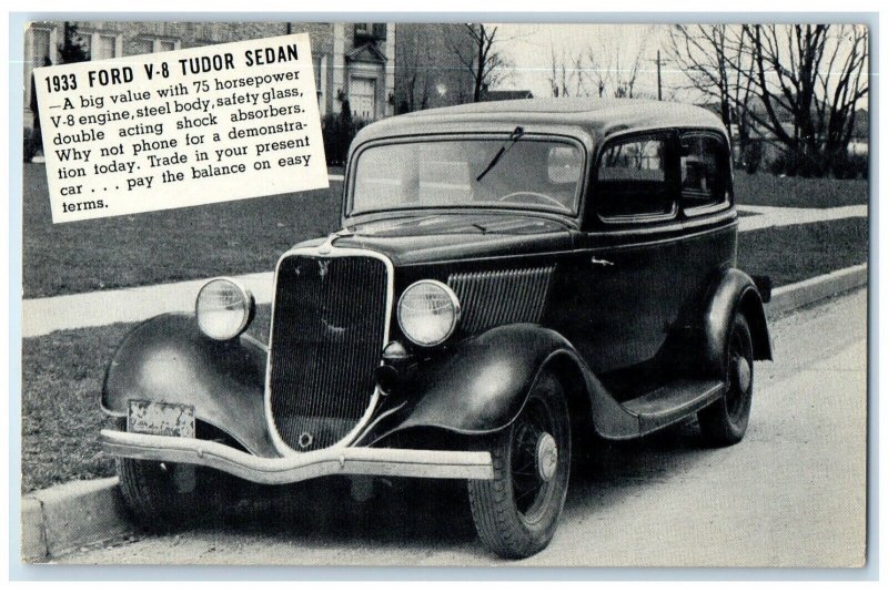 c1933 Ford V-8 Tudor Sedan Peterson Motor Dealership Benson Minnesota Postcard