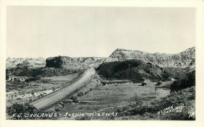 United States real photo postcard North Dakota Bad Lands scenic highway