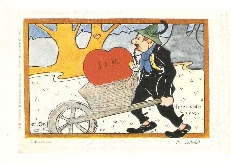 Man carrying red heart in wheelbarrow  Modern Valentine Greetings German PC