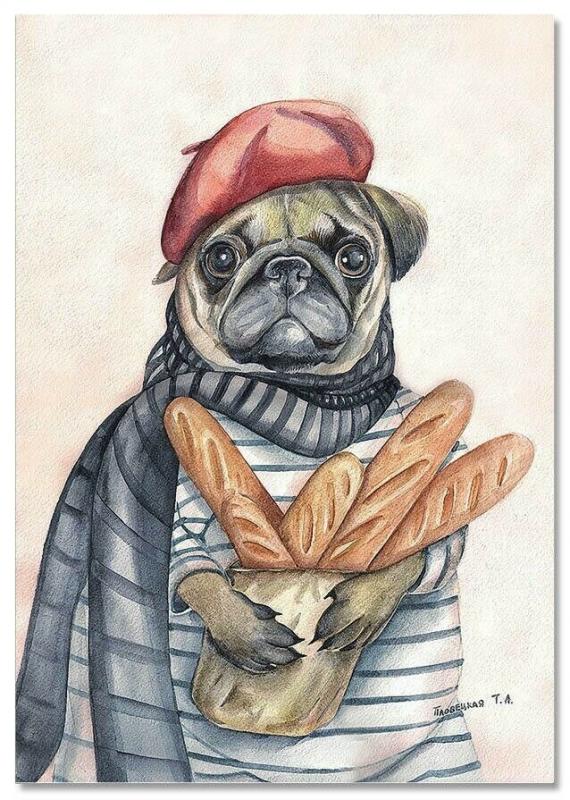 Pug dog French baguette Comic Humor by Plovetskaya Russian MODERN Postcard