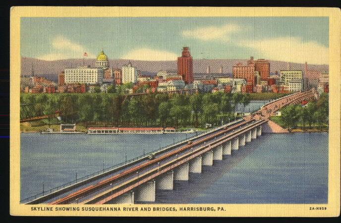 Linen Postcard Harrisburg Susquehanna Bridge,River/PA