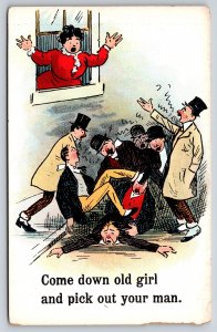 Comics~Woman Has Choice Of Men~Drunken Brawl Or Fall?~Vintage Postcard
