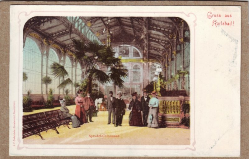 P1351 old unused postcard interior view gruss aus karlsbad sprudel-colonnade