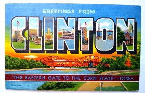 Greetings From Clinton Iowa Large Letter Postcard Linen Curt Teich 1944 Corn