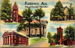 Linen Postcard Multiple Views of Churches in Florence, Alabama~821