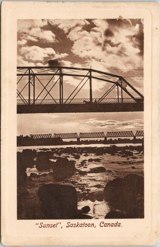 Saskatoon SK Bridges at Sunset River Saskatchewan Horse Postcard G26 *as is