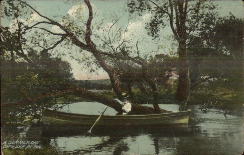 Woman in Boat Lake Pepin - Publ in Lake City MN c1910 Postcard