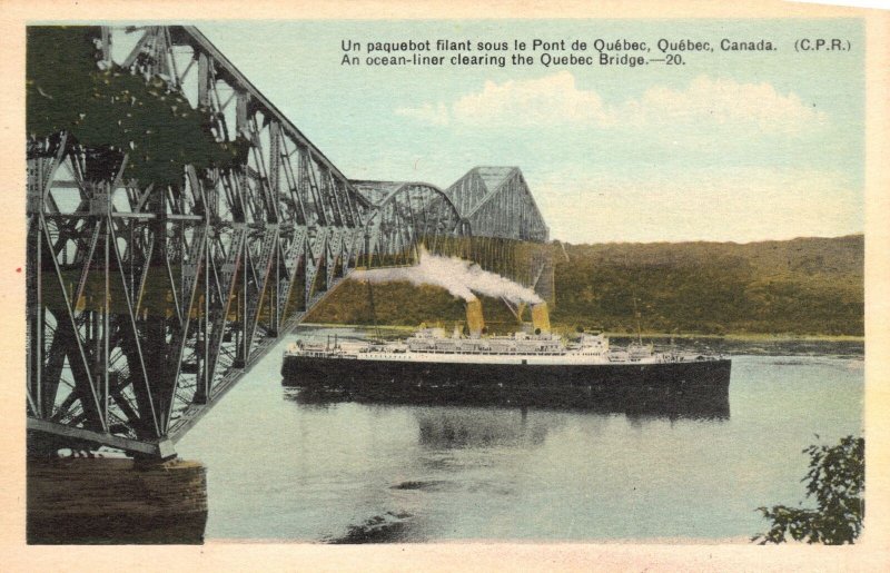 Vintage Postcard An Ocean Liner Clearing the Quebec Bridge Canada