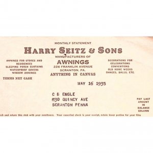 1935 SCRANTON PA HARRY SEITZ & SONS AWNINGS BILLHEAD STATEMENT  Z158