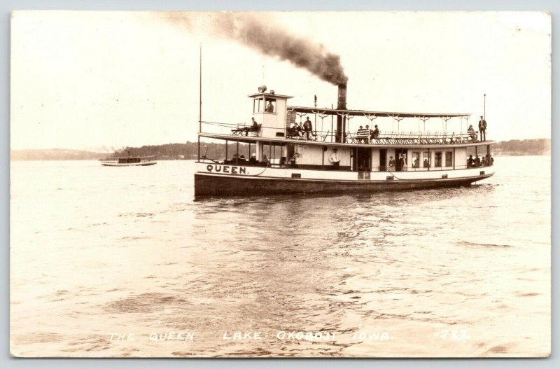 Lake Okoboji Iowa~Passenger on Deck of The Queen~Excursion Steamer~1930s RPPC 