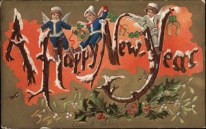 New Year's Large Letters Angels Clovers Horseshoe Embossed c1900s-10s Postcard