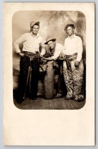 Three Dapper Fort Worth Texas Cowboys in Chaps Studio Photo RPPC Postcard L35