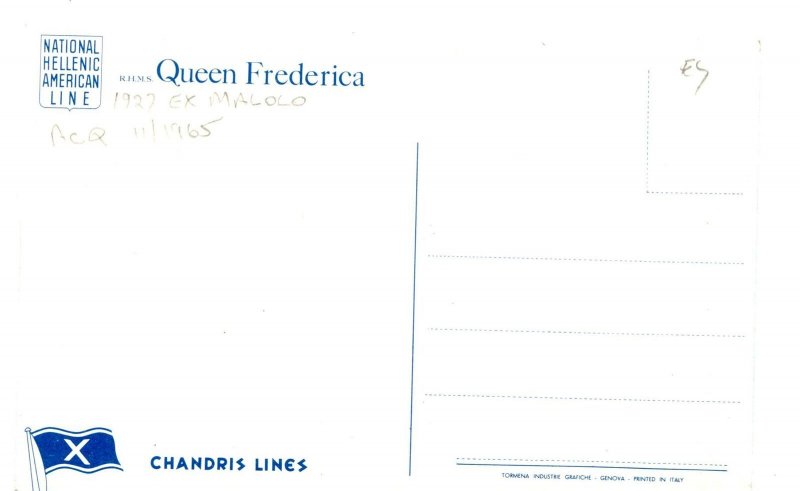 Postcard Ship RHMS Queen Frederica Chandris Lines