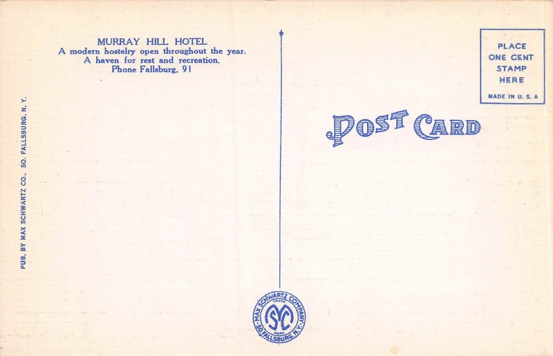 Muray Hill Hotel, Fallsburg, New York, Early Postcard, unused