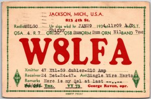 1934 QSL Radio Card W8LFA Jackson Michigan Amateur Radio Station Posted Postcard