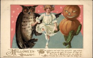 Halloween Winsch Schmucker Little Girl Giant JOL Man & Owl 1913 Postcard