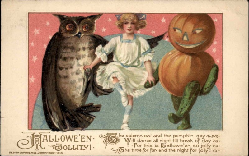 Halloween Winsch Schmucker Little Girl Giant JOL Man & Owl 1913 Postcard