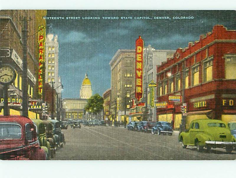 Denver Colorado Street Scene Sixteenth Street Night State Capit  Postcard # 6244