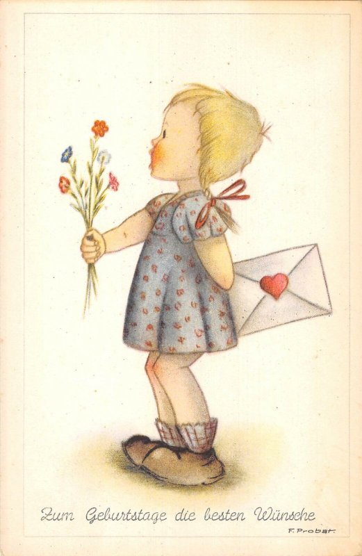 US3374 Artist signed Probst Geburtstage die besten Wunsche Girl Flowers, Mail