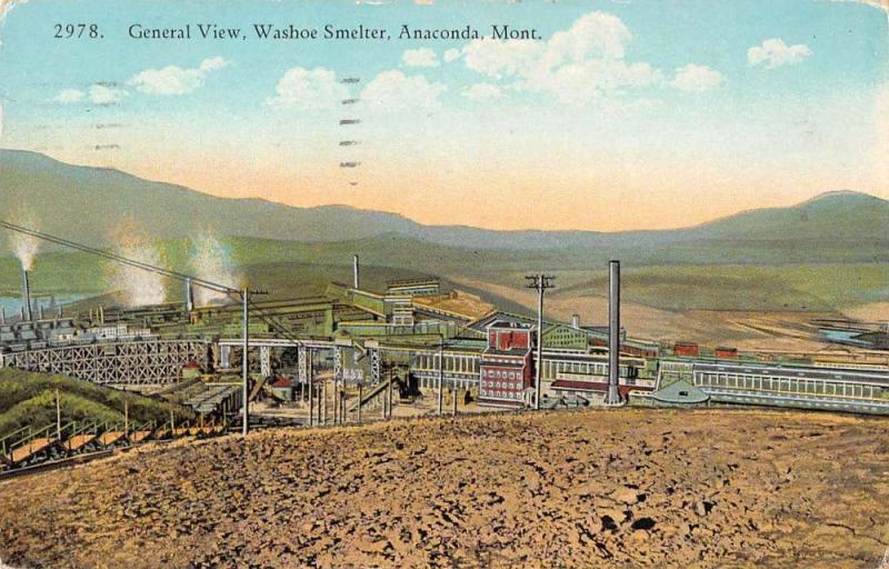 Anaconda Montana birds eye view showing Washoe Smelter antique pc Y13441