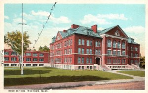 Vintage Postcard High School Campus Building Historic Landmark Waltham Mass.