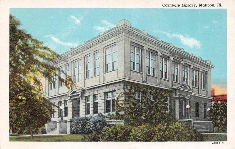 MATTOON, IL  Illinois     CARNEGIE LIBRARY       c1940's Curteich Linen Postcard