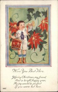 Christmas Children Musical Instrument Poinsettia c1900s-10s Postcard