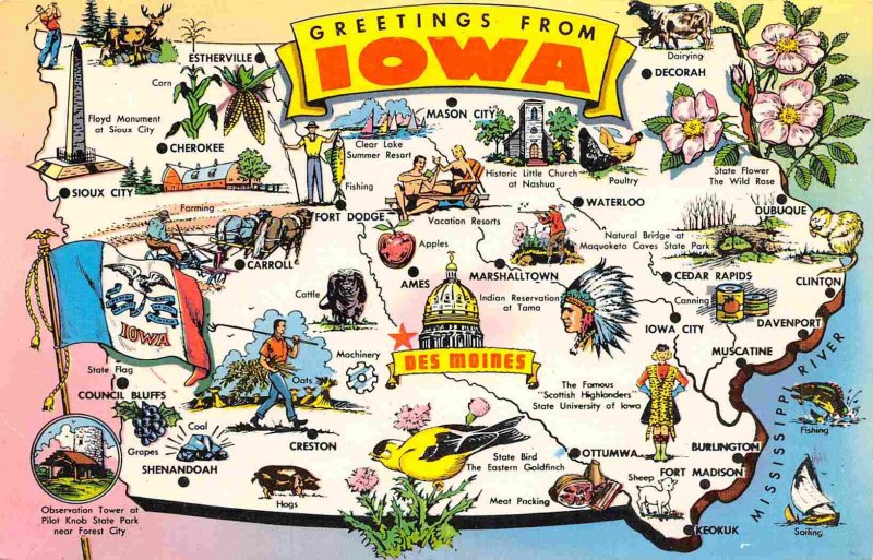 Greetings From Iowa State Map postcard