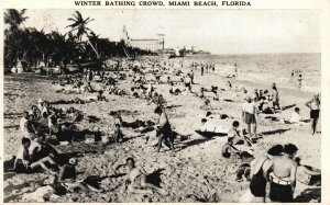 Vintage Postcard 1939 Winter Bathing Crowd Miami Beach Florida FL J. B. Sommers