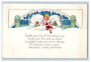 1922 Merry Christmas Seal Girl Bed With Dolls Winter Snowfall Vintage Postcard 